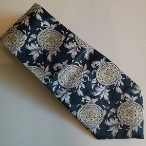 3/$45 Tie MERCEDES SILK HAND MADE HIGH FASHION Cream Medallion On Forest Green